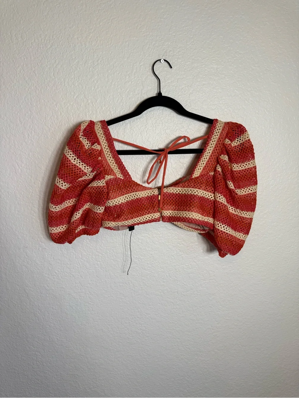 PatBO Orange and Cream Crochet Puff-Sleeve Crop Top & Ruffle Shorts Set - Picture 6 of 16